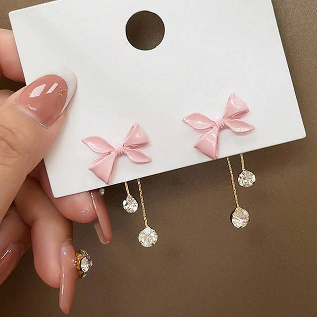 SHEIN 1pair Pink Bowknot Tassel Long Earrings With Rhinestone For Women, Sweet Girl Ear Jewelry Studs For Summer Valentines,Mom,Mother,Mother&#39;s Day,Gift