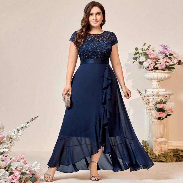 SHEIN Plus Sequin Floral Lace Chiffon Ruffle Split Thigh Formal Party Long Dress Elegant Prom Evening Wedding Guest Gown, For Graduation, Dinner