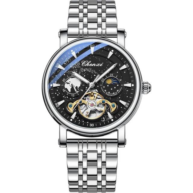 VEANXIN Men&#39;s Automatic Watch Skeleton Starry Sky Luminous Dial Mechanical Self Winding Moon Phase Waterproof Leather Strap Wrist Watch for Men