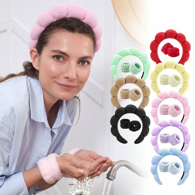 SHEIN 3 Pcs Spa Headband For Washing Face Wristband Set, Skincare Makeup Headbands For Women, Bubble Make Up Headbands Teen Girl Gifts