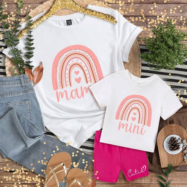 SHEIN Baby Girl Mommy And Me Matching Outfits, Cute Rainbow Print Casual Short Sleeve Top And Shorts Set, 95% Cotton, Suitable For Summer, Sold Individually