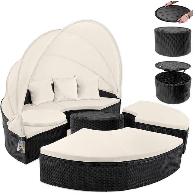 Rattan Garden Day Bed Black/Cream 185cm with Telescopic Table