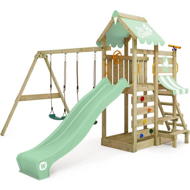 Wickey - Wooden climbing frame VanillaFlyer with swing set and slide, Garden playhouse with sandpit, climbing ladder & play-accessories - pastel green