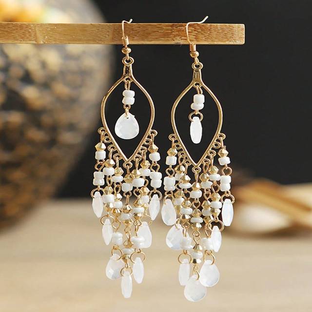 SHEIN 2pcs Bohemian Style Tasseled Pendant Earrings, Beaded Long Fringe Dangle Earrings