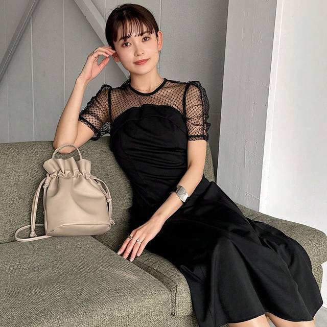 FRIFUL Lace Spliced Long Women Round Neck Short Bubble Sleeve Dress Sundress Sheer