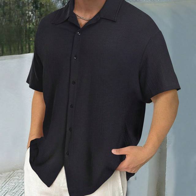SHEIN Men&#39;s Plus Size Summer Solid Color Short Sleeve Casual Shirt, Button Up Plain Black Urban Shirt