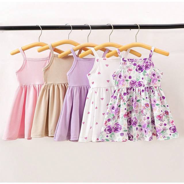 SHEIN Baby Girl Summer New Casual And Cute Flower Digital Printed Sleeveless Dress With Large Hem