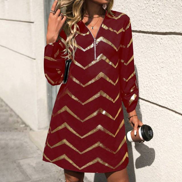 SHEIN V-Neck Zipper & Foil Printed Herringbone Pattern Long Sleeve Dress