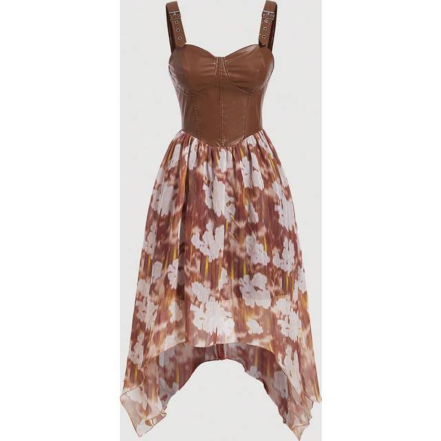 SHEIN Women&#39;s Asymmetrical Hem Tie Dye Floral Print Pu Leather Splice Cami Dress