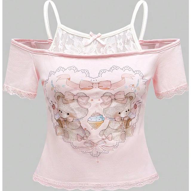 ROMWE Women&#39;s Himekaji 2 In 1 Contrast Lace Cute Style Heart Bear & Lace Bow T-Shirt, School