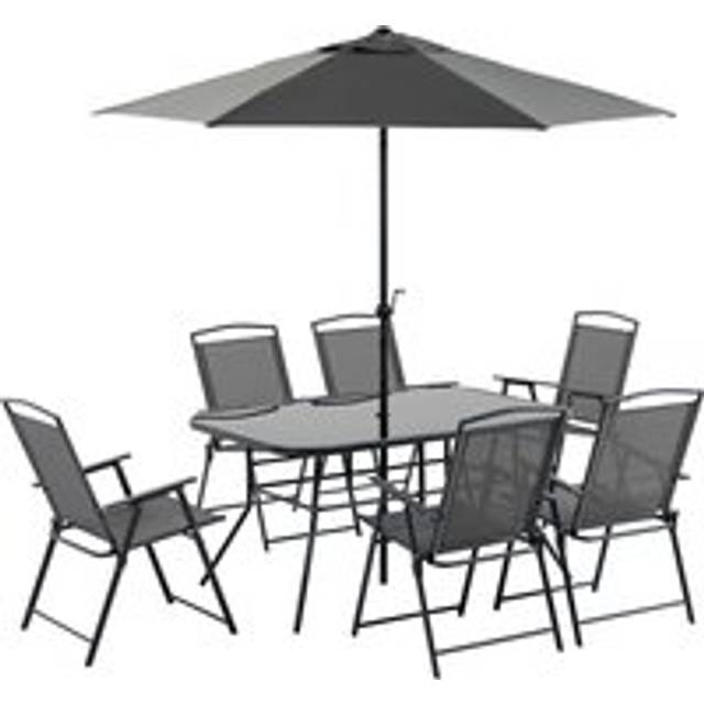 Outsunny 8 Pieces Metal Garden Furniture Set With Parasol And Folding Chairs, Patio Dining Set, 6 Seater Outdoor Table And Chairs With Tempered Glass