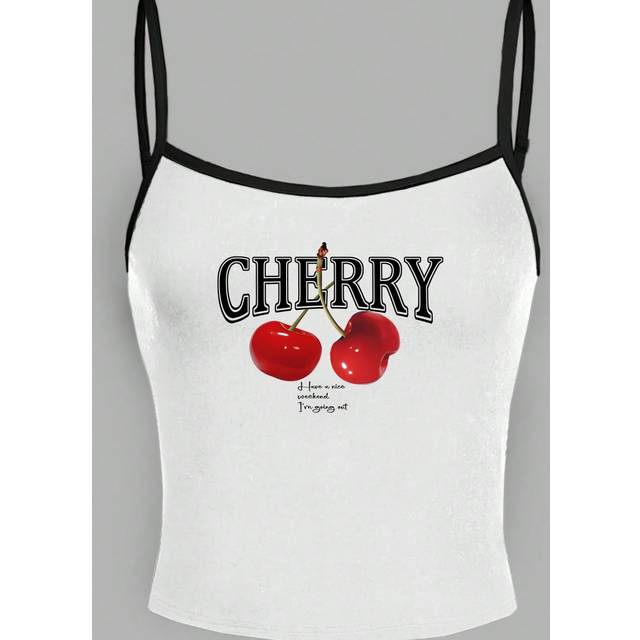 Attitoon Women&#39;s Casual Cherry Pattern Sexy Spaghetti Strap Tight Black & White Color Block Tank Top