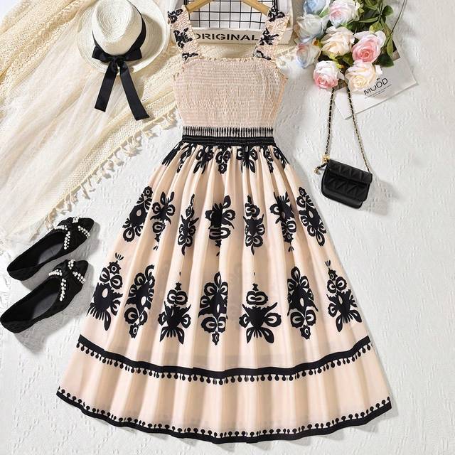 SHEIN Teen Girl Vintage Print Swing Dress For Vacation,Holiday,Summer,Travel