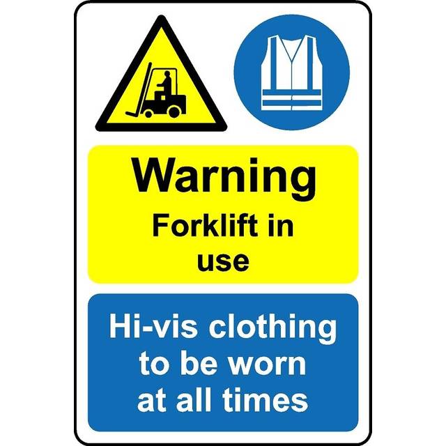 Warning forklift in use hi-vis clothing to be worn at all time safety sign - Self adhesive sticker - 400mm x 300mm
