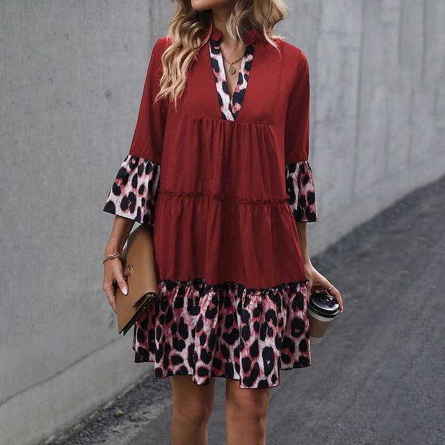 SHEIN Leopard Print Flare Sleeve Ruffle Hem Smock Dress
