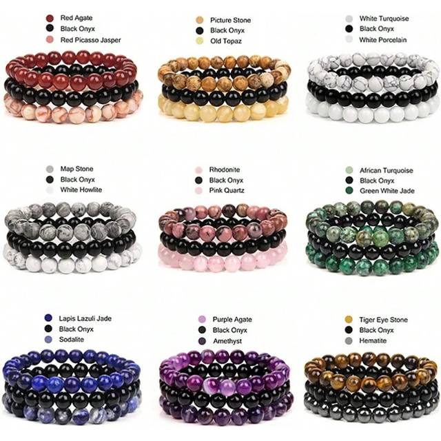 SHEIN Natural Stone Bracelet Set Of 3 Pieces/Set Obsidian Hematite Tiger Eye Stone Bead Bracelet For Men Health Protection Soul Jewelry