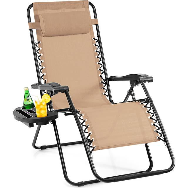Costway Beige Folding Patio Recliner with Removable Headrest and Cup Holder - Cream - 89 x 68 x 13cm