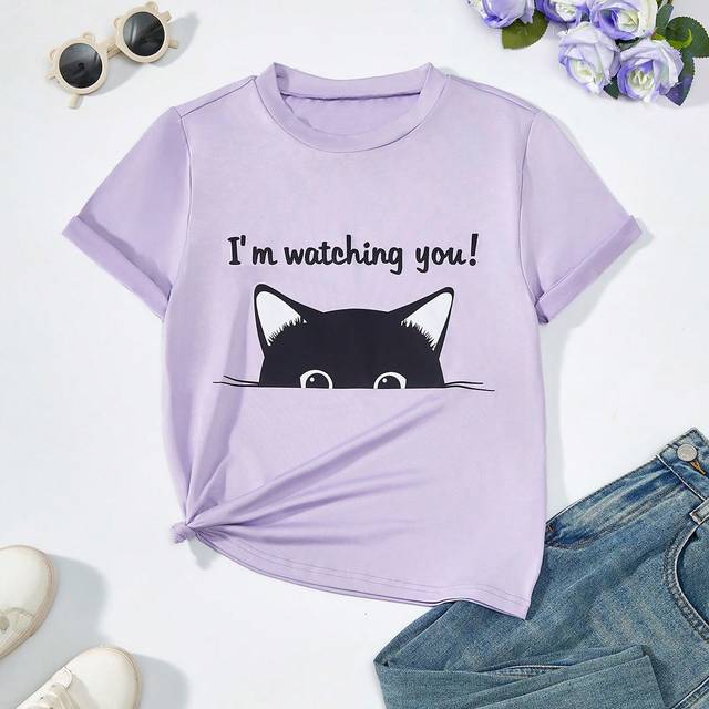 SHEIN Teen Girl Summer Casual Cute Cartoon Cat & Slogan Printed Short Sleeve T-Shirt