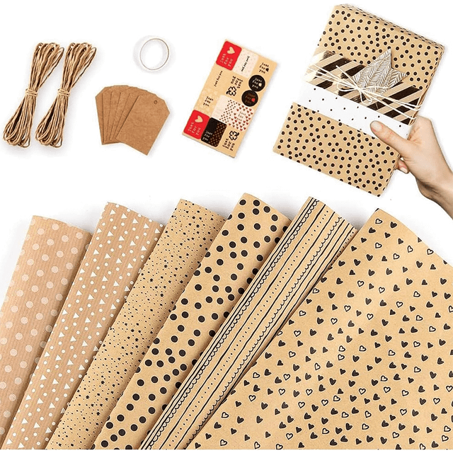 JOESTAR-UK Gift Wrapping Paper,16Pcs Birthday Wrapping Paper Sheets Gift Wrap With 6 Gift Tags,2 Rope,1 Double-Side Tap,1 Sticker,Brown Wrapping Paper For Weddin