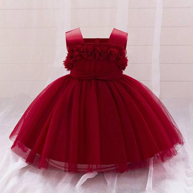 SHEIN Baby Girls Solid Color Tulle Sleeveless Wide Straps Elegant Floral Decor Flower Girl Party Dress, Excluding Headband