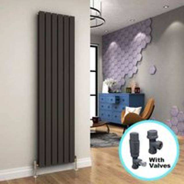 Elegant - 1800 x 456 Vertical Radiator Anthracite Double Designer Vertical Column Radiator Flat Panel + Anthracite Thermostatic Radiator Valves