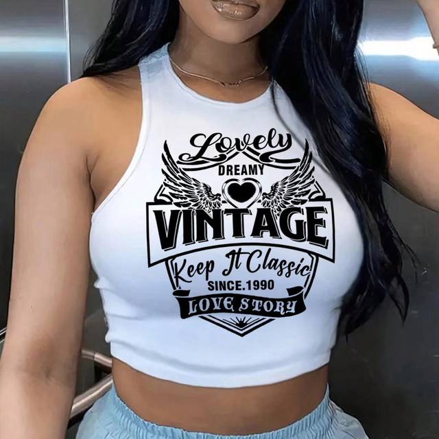 Slaydiva Women Vintage Letter Print Tight Fitted Sleeveless Crop Tank Top, Casual Summer, Cotton Blend
