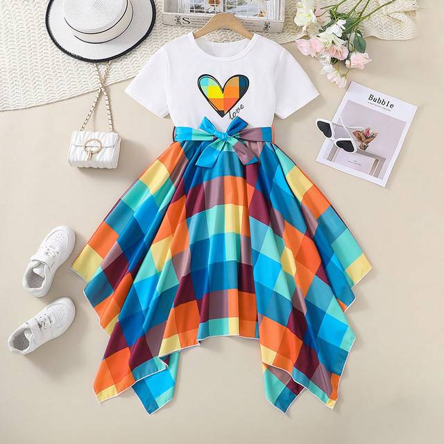 SHEIN Tween Girl Heart Printed Patchwork Plaid Asymmetrical Hem Short Sleeve Summer Dress