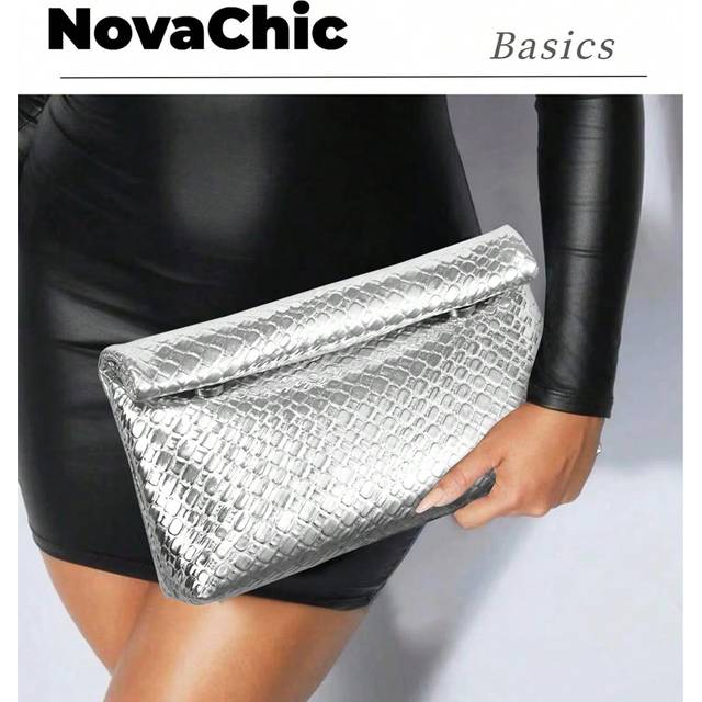 SHEIN 1pc Silver Textured Woven Clutch Purse With Folded Beaded Flap, Vintage & Minimalist Style Tready Bride Bag, Perfect For Party, Wedding, Prom, Dinner/