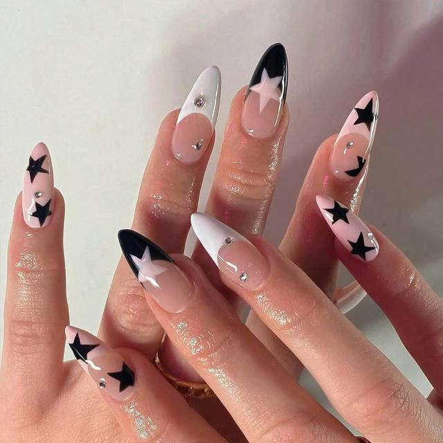 SHEIN 24pcs/Set Y2K Medium Length Almond Press On Nails White French Tip Acrylic Nails Star With Rhinestones Design Fake Nail, Contain 1pc Jelly Glue And 1p