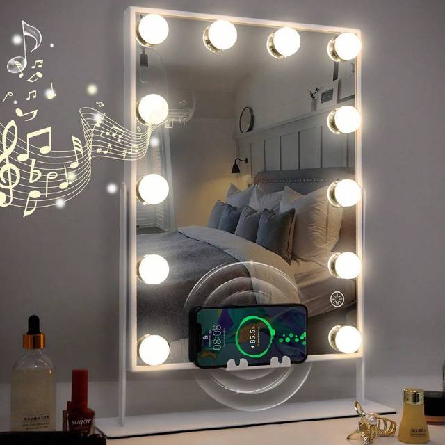 FENCHILIN FENCHILIN Vanity Mirror With Lights And Bluetooth Wireless Charging Lighted Makeup Mirror With 12 LED Lights Upgrated Holly Wood Mirror With Dimmable