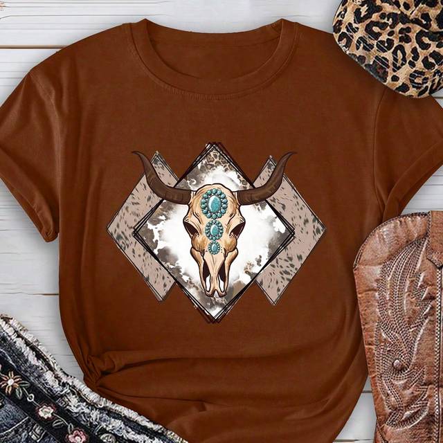 SHEIN Plus Size Vintage Skull & Bull Head Heat Press Printing Casual Short Sleeve T-Shirt Graphic Tees Women Tops, For Summer