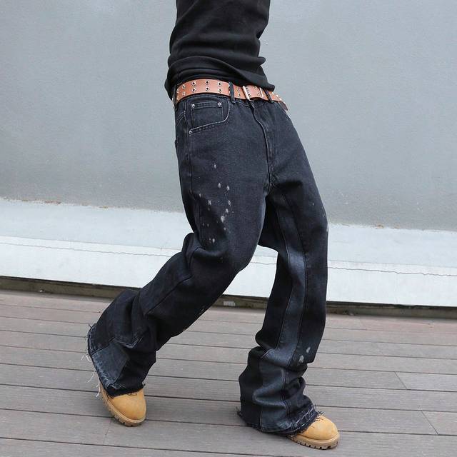 SHEIN Men&#39;s Street Fashion Color Block Straight Leg Jeans With Frayed Hem Design Baggy Long Distressed Dark Jean Cargo Plain Blue Party Wear Rapper
