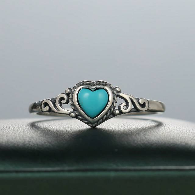SHEIN 1pc Vintage Pure Silver Heart Shaped Ring With Turquoise Stone And Hollow Flower Pattern, Ideal For Women&#39;s Engagement & Wedding Anniversary Gift Vale