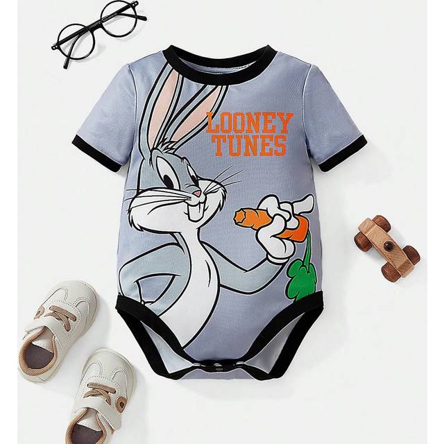 SHEIN Baby Boy Cute Cartoon Rabbit And English Letters Printed Ringer Bodysuit Summer