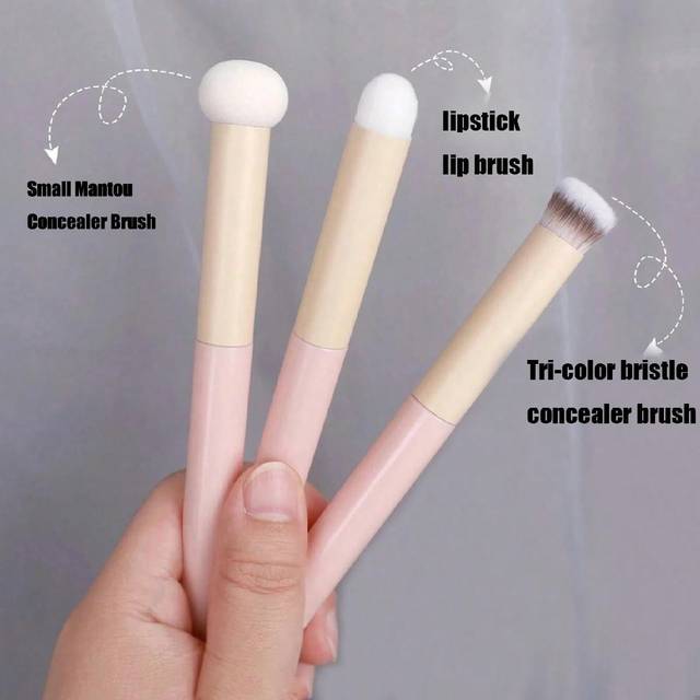 SHEIN 3pcs Makeup Brush Set, Including Foundation & Concealer Brush, Lip Brush And Sponge Applicator