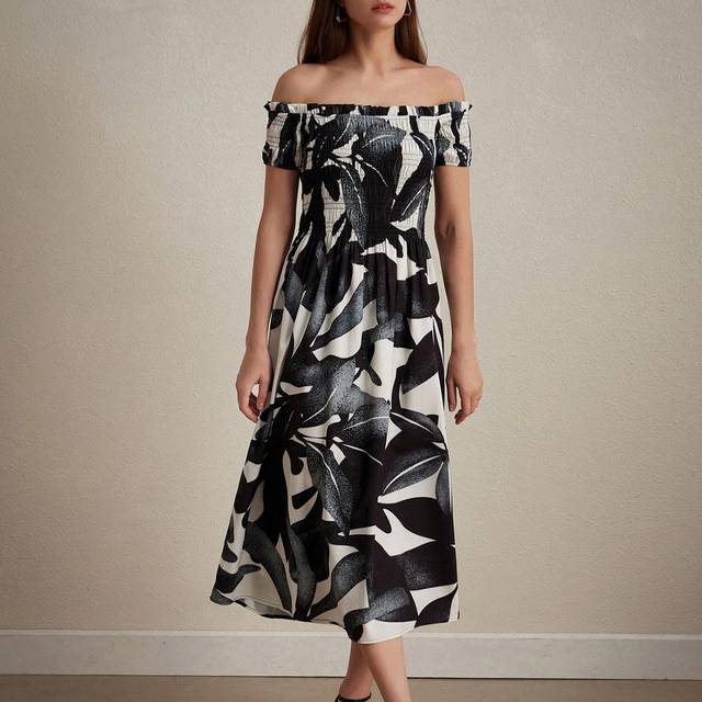 Aveloria Random Printed Simple Black & White Silhouette Texture Fabric Off-Shoulder Design Lady Summer Dress, Floral Brunch Dress