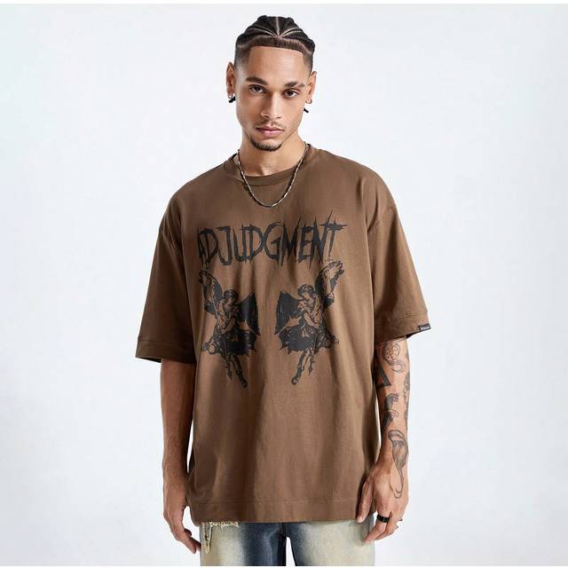 Manfinity Men&#39;s Loose Knitted Short Sleeve T-Shirt With English Print And Two Angel Patterns, Summer