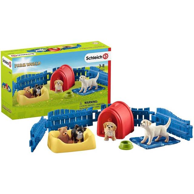SCHLEICH Farm World Puppy Pen and Puppy Toy Figures - Black