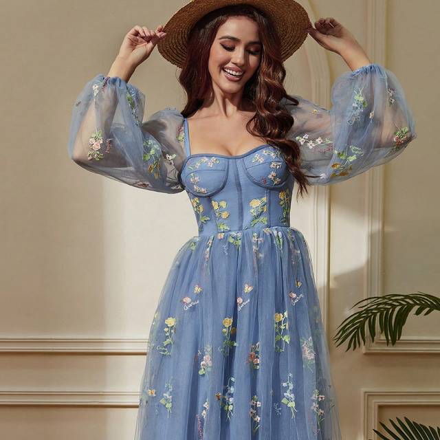 SHEIN (Sewn In The Middle Of Straps) Romantic Vintage Blue Prom Dress With Princess Puff Long Sleeves Party Dress Wedding Guest Cocktail Dress