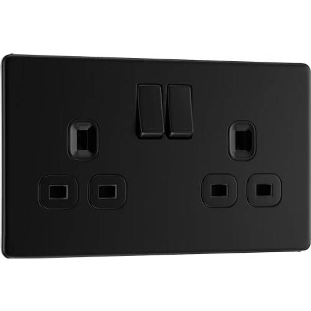 BG Screwless Flatplate Matt 13A Switched Socket 2 Gang in Black Plastic