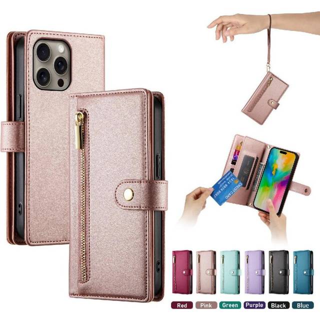 (Pink) Flip Case for iphone 16 Pro Max Wallet Compartment Kickstand Wrist Strap Multifunctional Card Slots