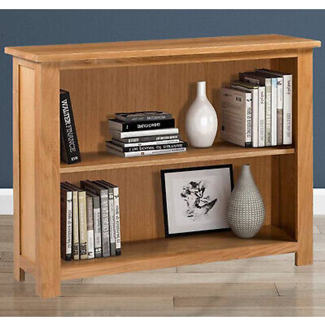Wide bookshelf, low oak bookcase, solid wooden storage shelf unit organiser