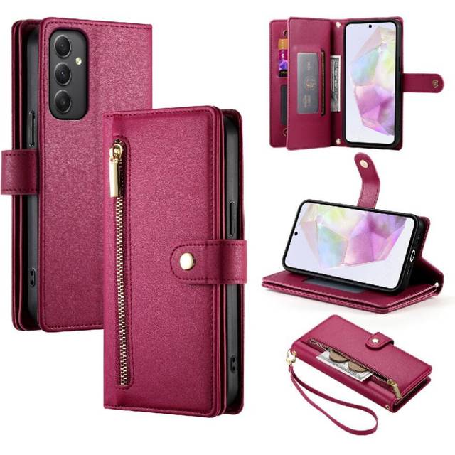 (Red) Flip Case for Samsung Galaxy A35 Multifunctional Card Slots Kickstand Wallet Compartment Wrist Strap
