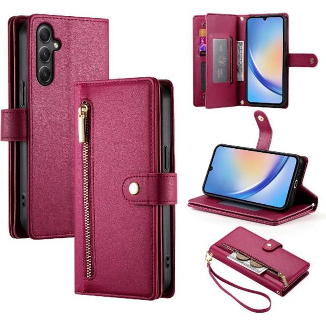(Red) Flip Case for Samsung Galaxy A34 5g Multifunctional Card Slots Wallet Compartment Kickstand Wrist Strap
