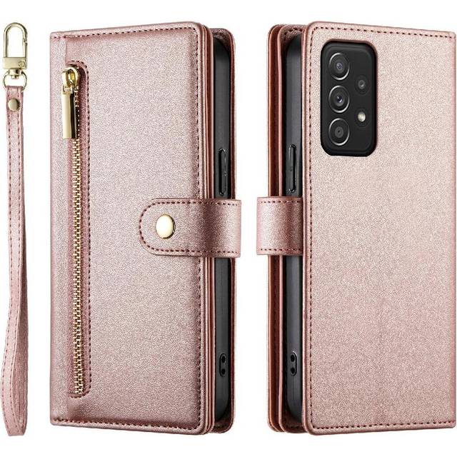 (Pink) Flip Case for Samsung Galaxy A52 4g/5g Multifunctional Card Slots Kickstand Wallet Compartment Wrist Strap