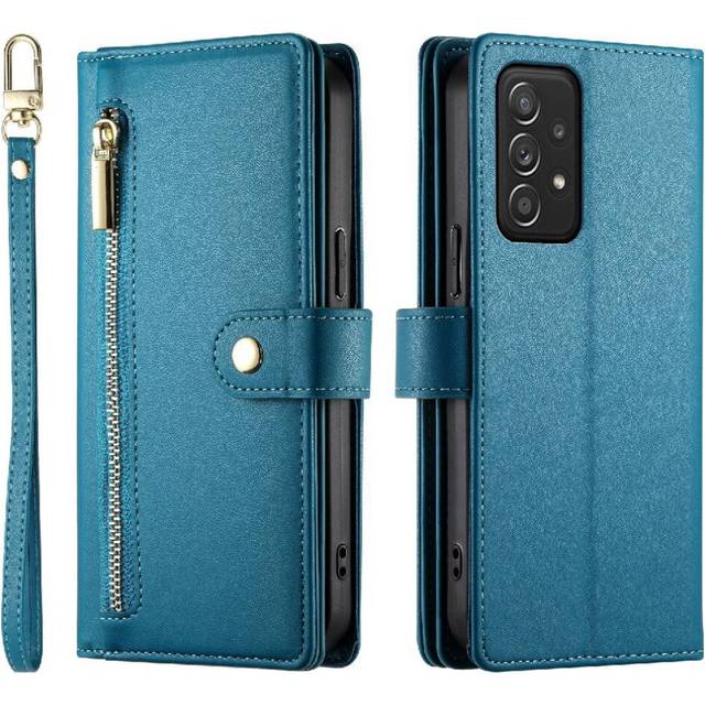 (Blue) Flip Case for Samsung Galaxy A52 4g/5g Multifunctional Card Slots Kickstand Wallet Compartment Wrist Strap