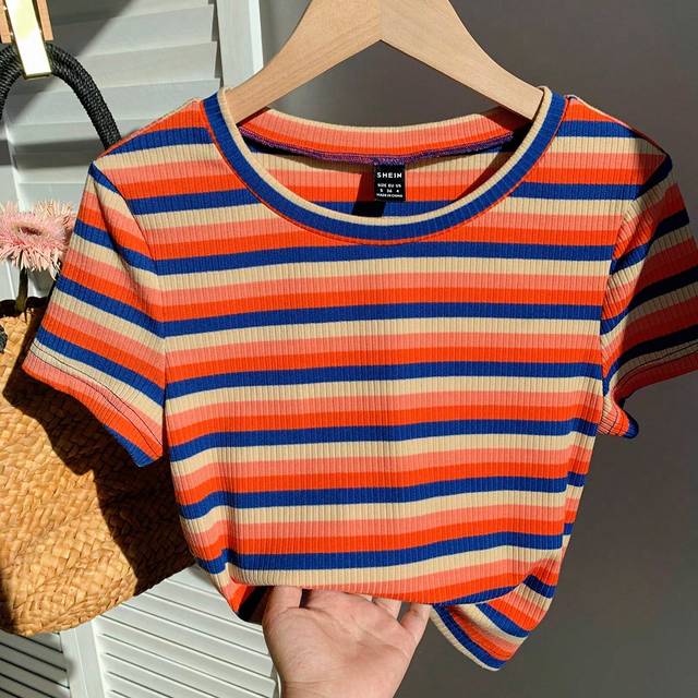 Comfortcana Colorful Striped Knitted Slim Fit Women&#39;s T-Shirt