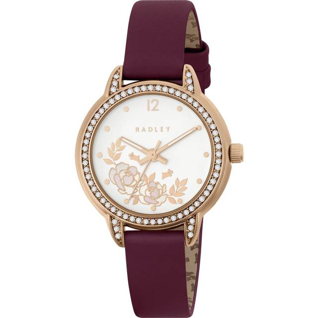 Radley Rose Gold Plated Stone Set Cranberry Red Leather Strap Watch, Black, Women