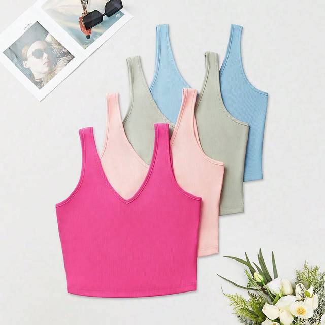 INAWLY Women 4-Piece Summer Vacation Ribbed Crop Tank Top, Going Out Top