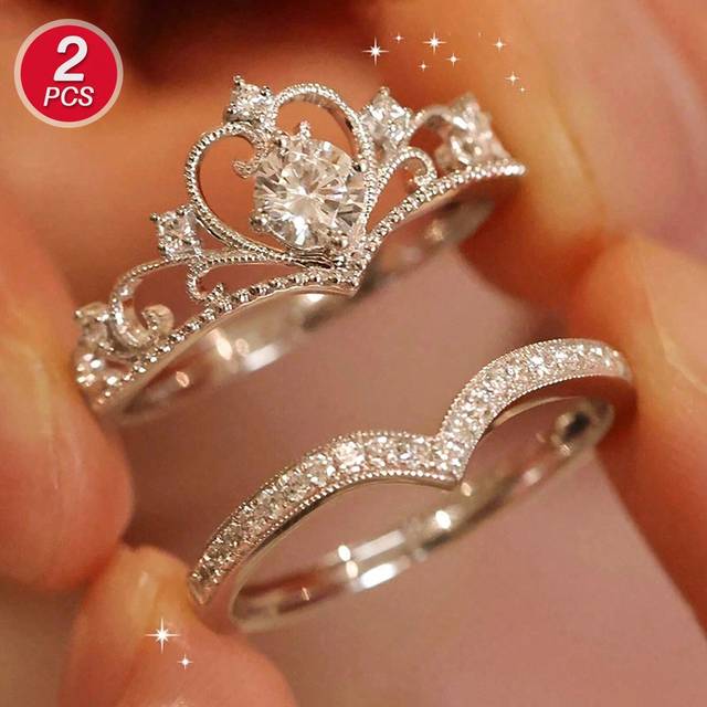 SHEIN 2pcs/Set Elegant Crown & Cubic Zirconia Copper Plated Ring Set, Perfect Valentine&#39;s Day Gift For Women